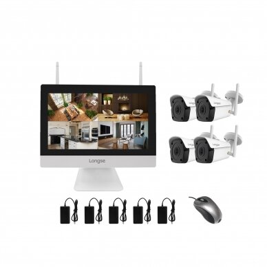 4 camera WIFI surveillance kit with 12" screen Longse WIFI3604M4FK500, 5Mp, 3,6mm + free gift 1TB disk