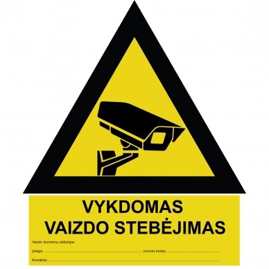 Sticker video surveillance, yellow-black, Lithuanian language